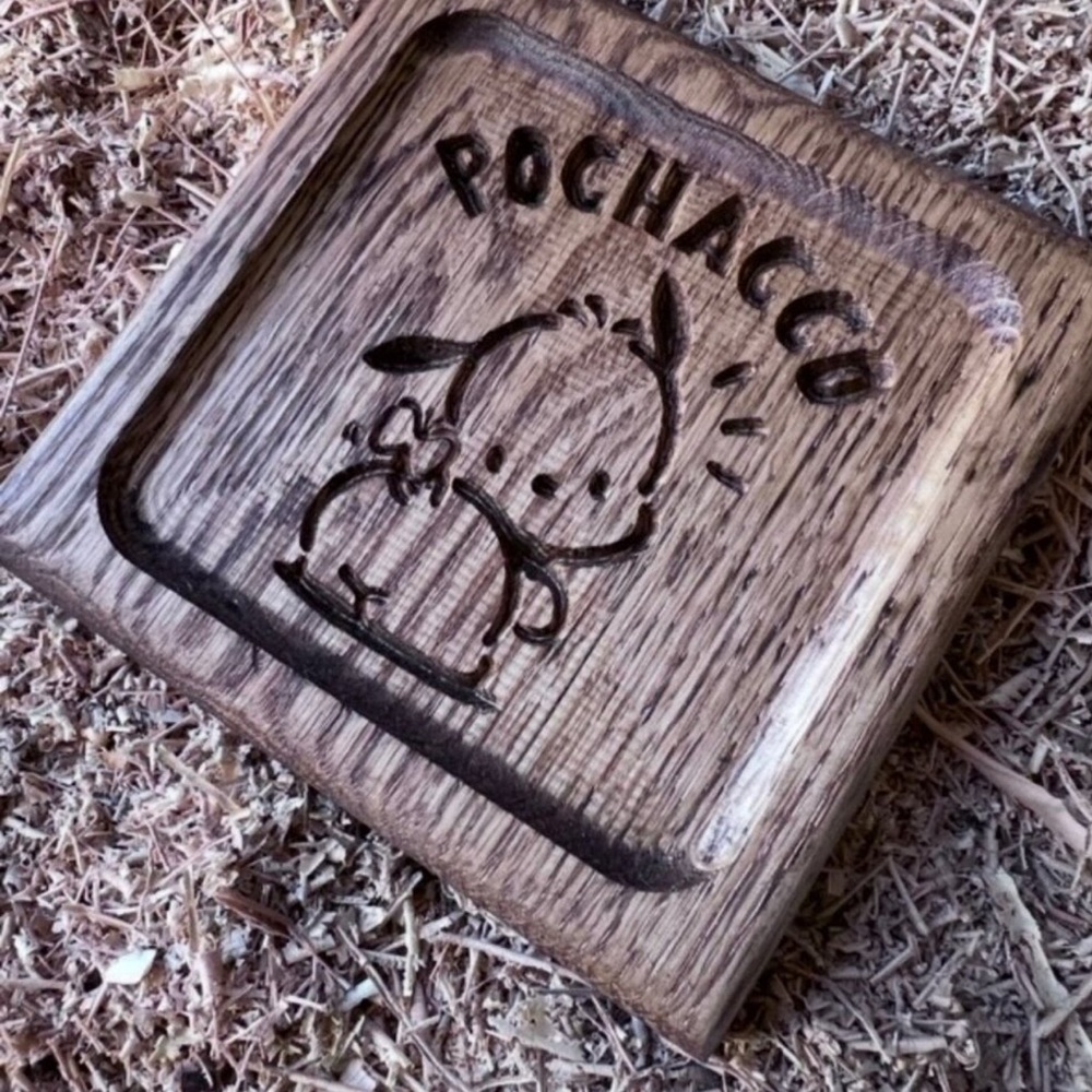 Hand made Pochacco Wooden Jewelry Tray 5 x 5 Oak Wood